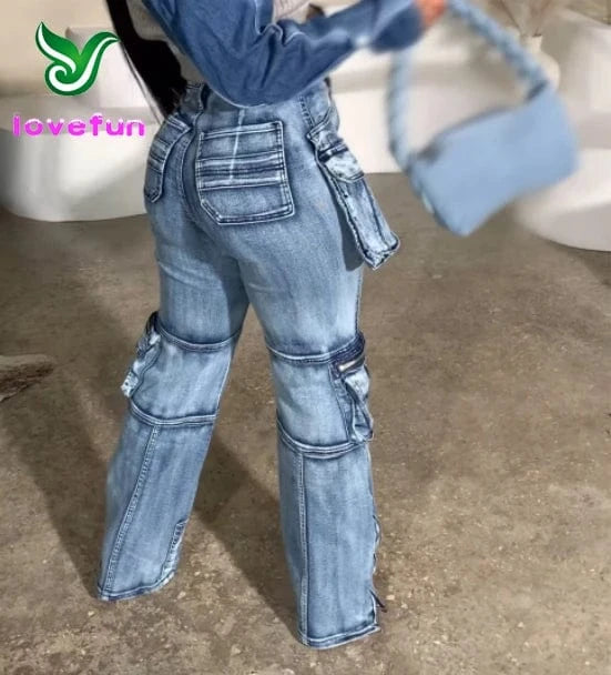 Cargo Denim Pants Women Big Pockets Patchwork Pants Women Fashion High Waist Straight Wide Leg Jeans Harajuku Oversized Trousers