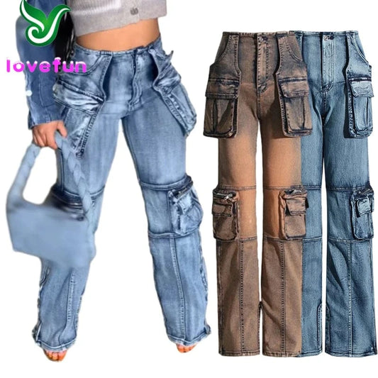Cargo Denim Pants Women Big Pockets Patchwork Pants Women Fashion High Waist Straight Wide Leg Jeans Harajuku Oversized Trousers