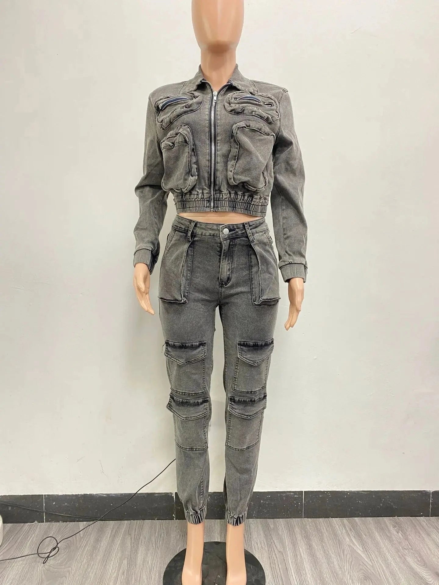 Cargo Pockets Denim Pants 2024 Outfit Sexy Women Two Pieces Elegant Jeans Casual Matching Set Jacket+trousers