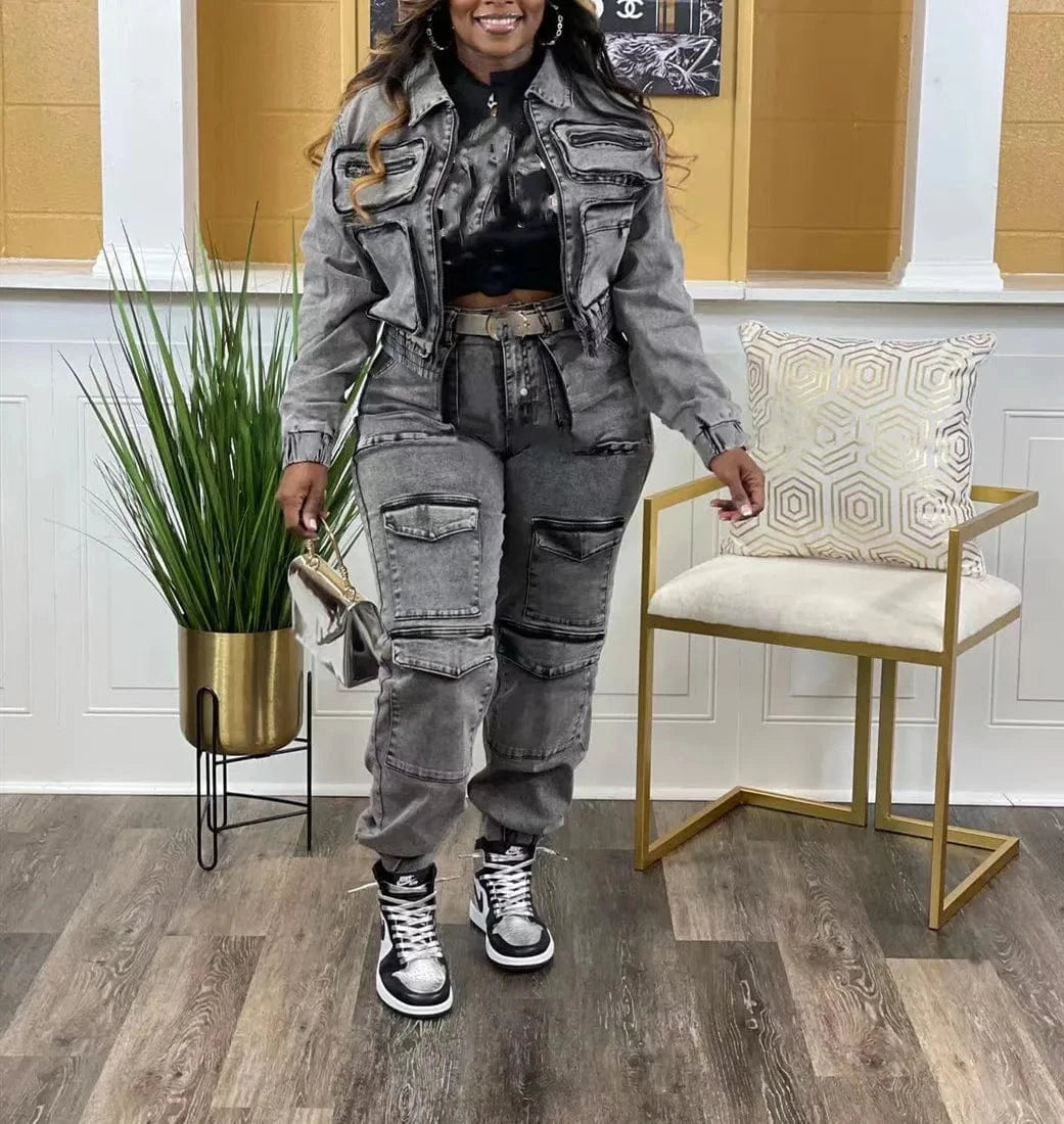 Cargo Pockets Denim Pants 2024 Outfit Sexy Women Two Pieces Elegant Jeans Casual Matching Set Jacket+trousers