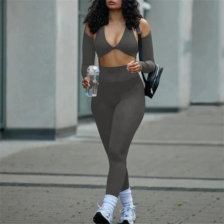 Casual 3 Pcs Sets Solid Backless Sexy Tank Top Long Sleeve Shawl Pants Women Slim Streetwear Sport Tracksuit