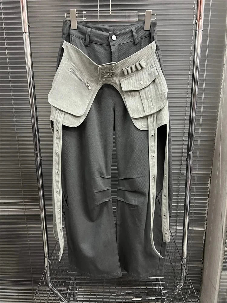 Casual Fashion Trend Loose Wide Leg Pants Contrasting Colors Patchwork Pockets Drawstring 2024 Spring New Trousers