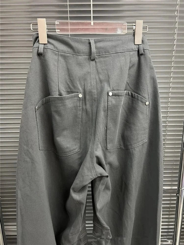 Casual Fashion Trend Loose Wide Leg Pants Contrasting Colors Patchwork Pockets Drawstring 2024 Spring New Trousers