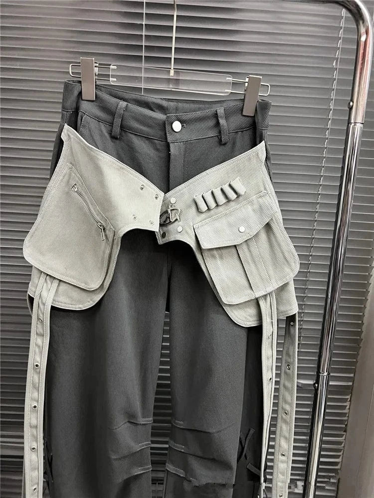 Casual Fashion Trend Loose Wide Leg Pants Contrasting Colors Patchwork Pockets Drawstring 2024 Spring New Trousers