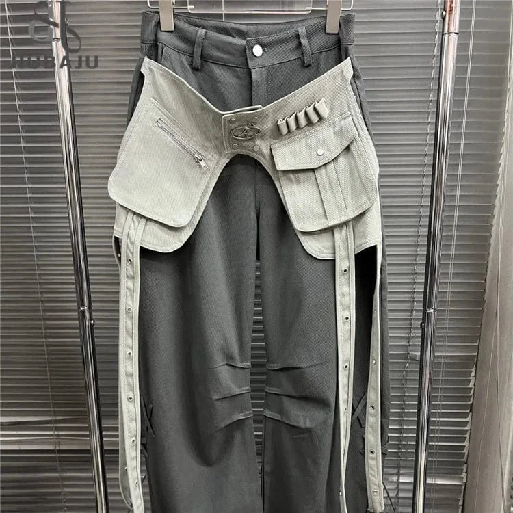 Casual Fashion Trend Loose Wide Leg Pants Contrasting Colors Patchwork Pockets Drawstring 2024 Spring New Trousers
