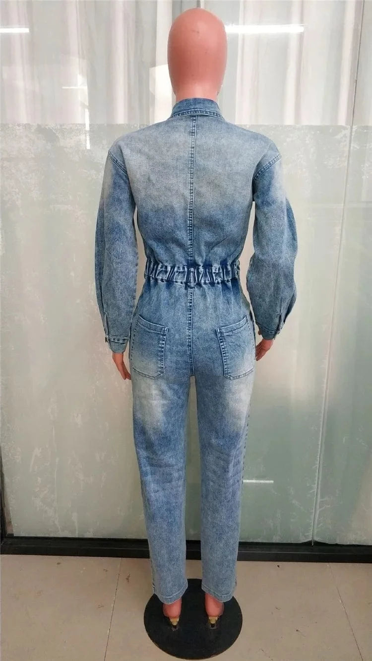Casual Female Solid Cowboy Overalls Women Long Sleeve Turndown Collar Button Slim Denim Jumpsuits