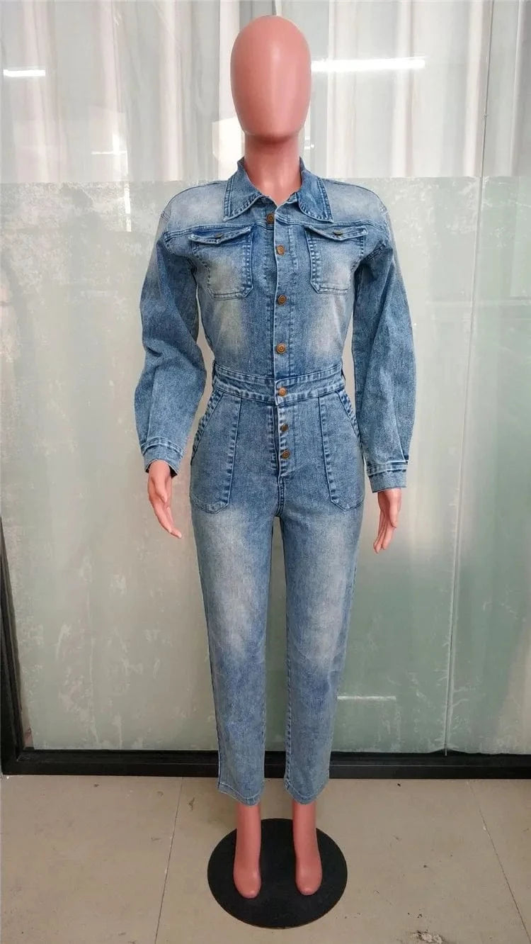Casual Female Solid Cowboy Overalls Women Long Sleeve Turndown Collar Button Slim Denim Jumpsuits