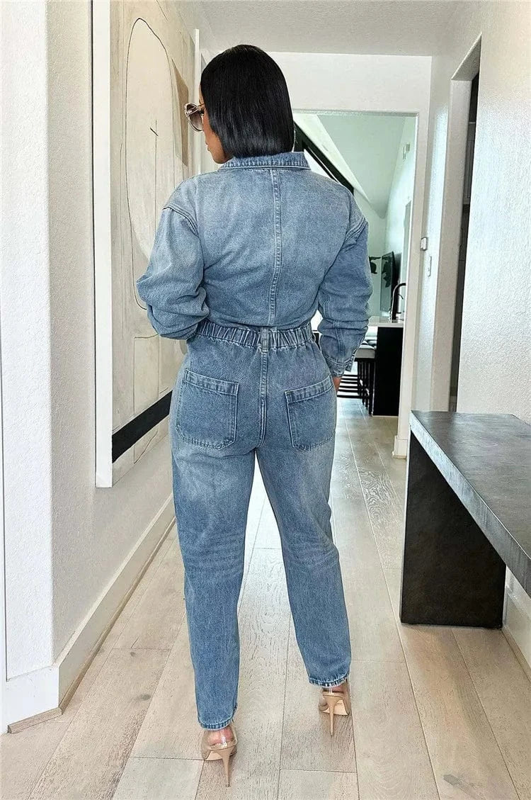 Casual Female Solid Cowboy Overalls Women Long Sleeve Turndown Collar Button Slim Denim Jumpsuits
