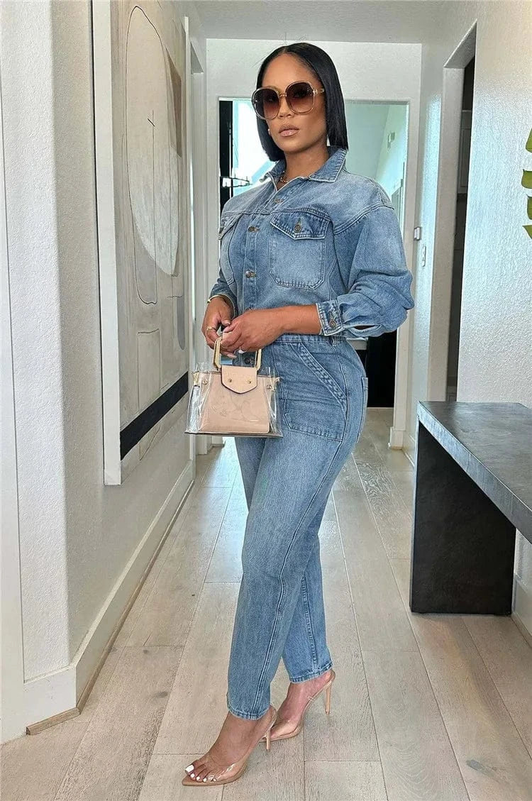 Casual Female Solid Cowboy Overalls Women Long Sleeve Turndown Collar Button Slim Denim Jumpsuits