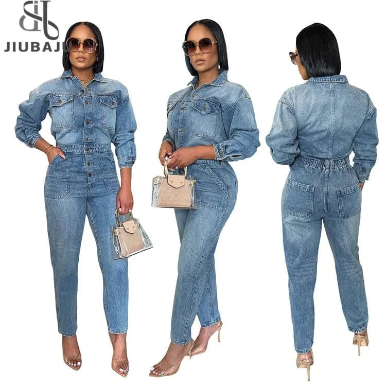 Casual Female Solid Cowboy Overalls Women Long Sleeve Turndown Collar Button Slim Denim Jumpsuits