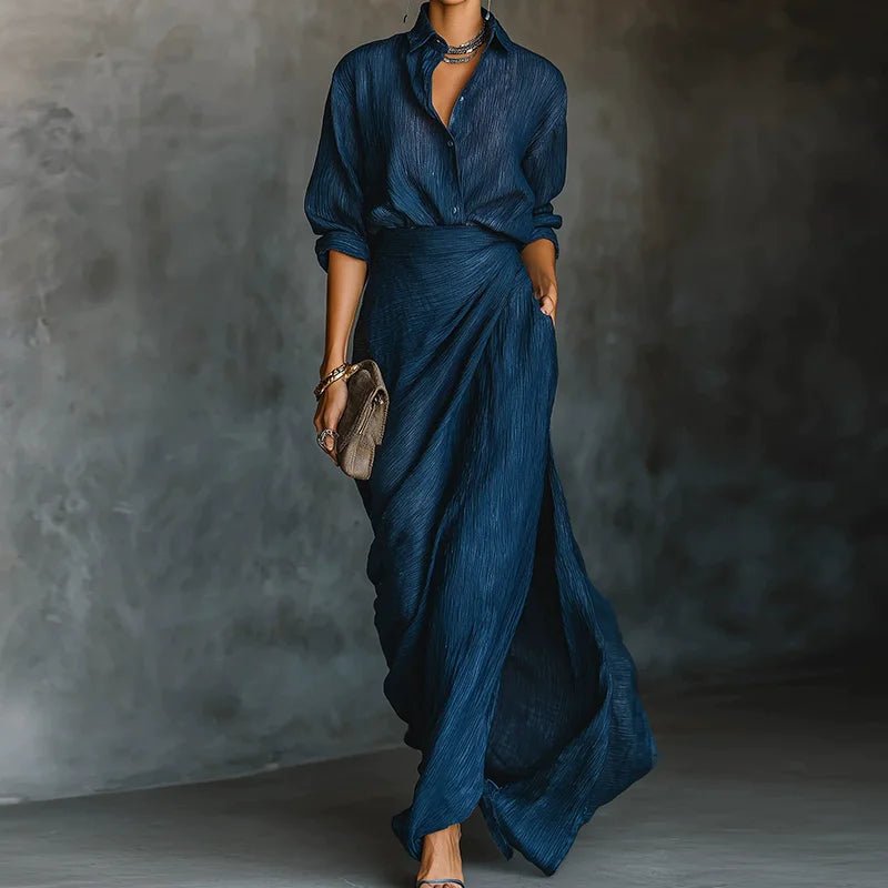 Casual Loose Buttons Shirt And Maxi Skirt 2PCS Sets Women Autumn Elegant Fashion Outfit 2025 Solid Patchwork Office Ladies Suits - SN Wigs & More