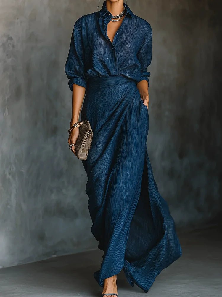 Casual Loose Buttons Shirt And Maxi Skirt 2PCS Sets Women Autumn Elegant Fashion Outfit 2025 Solid Patchwork Office Ladies Suits - SN Wigs & More