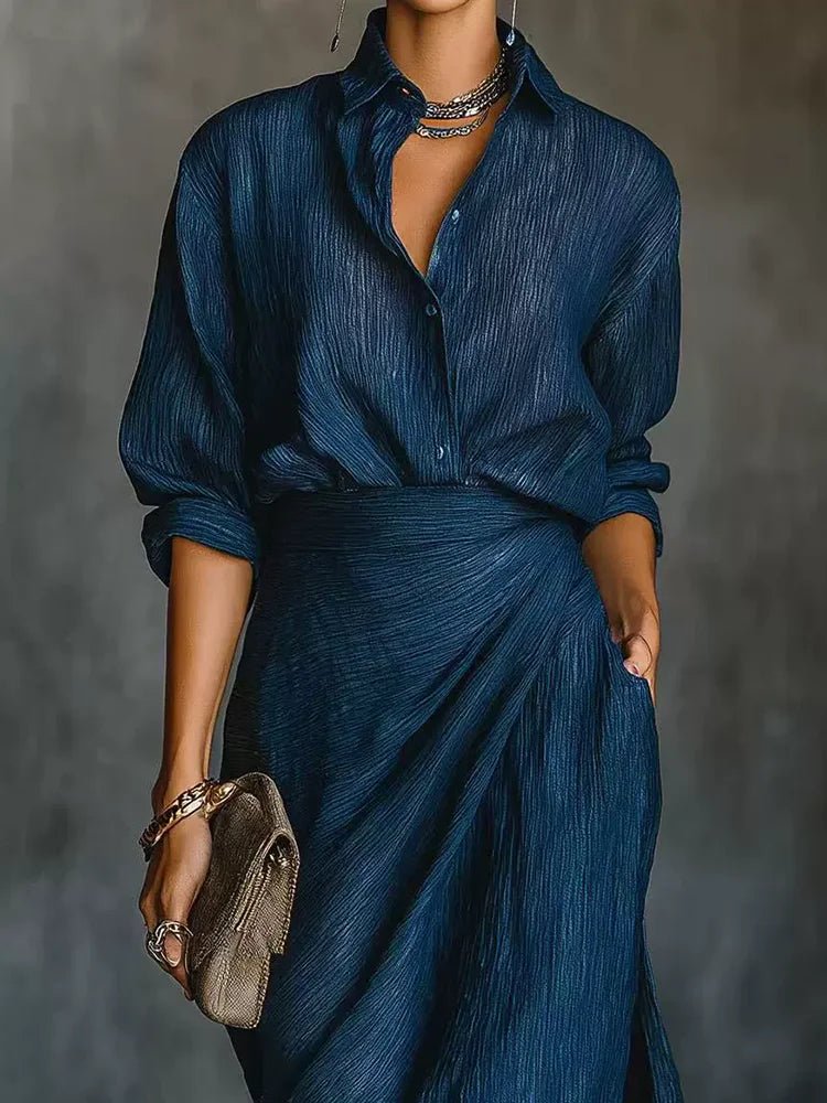 Casual Loose Buttons Shirt And Maxi Skirt 2PCS Sets Women Autumn Elegant Fashion Outfit 2025 Solid Patchwork Office Ladies Suits - SN Wigs & More