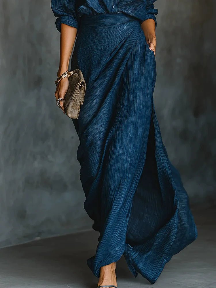 Casual Loose Buttons Shirt And Maxi Skirt 2PCS Sets Women Autumn Elegant Fashion Outfit 2025 Solid Patchwork Office Ladies Suits - SN Wigs & More