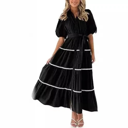 Casual Loose Lace up Short Puff SLeeve Dresses for Summer Women's Dress 2024 New V-neck Solid High Waist Maxi Shirt Dress Woman