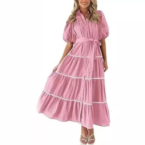 Casual Loose Lace up Short Puff SLeeve Dresses for Summer Women's Dress 2024 New V-neck Solid High Waist Maxi Shirt Dress Woman
