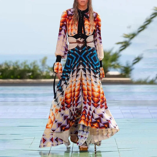 Casual Outfits For Women New Design Colorful Printed Summer Dresses Ladies Women Casual Lace-Up Full Sleeve Elegant Party Gown