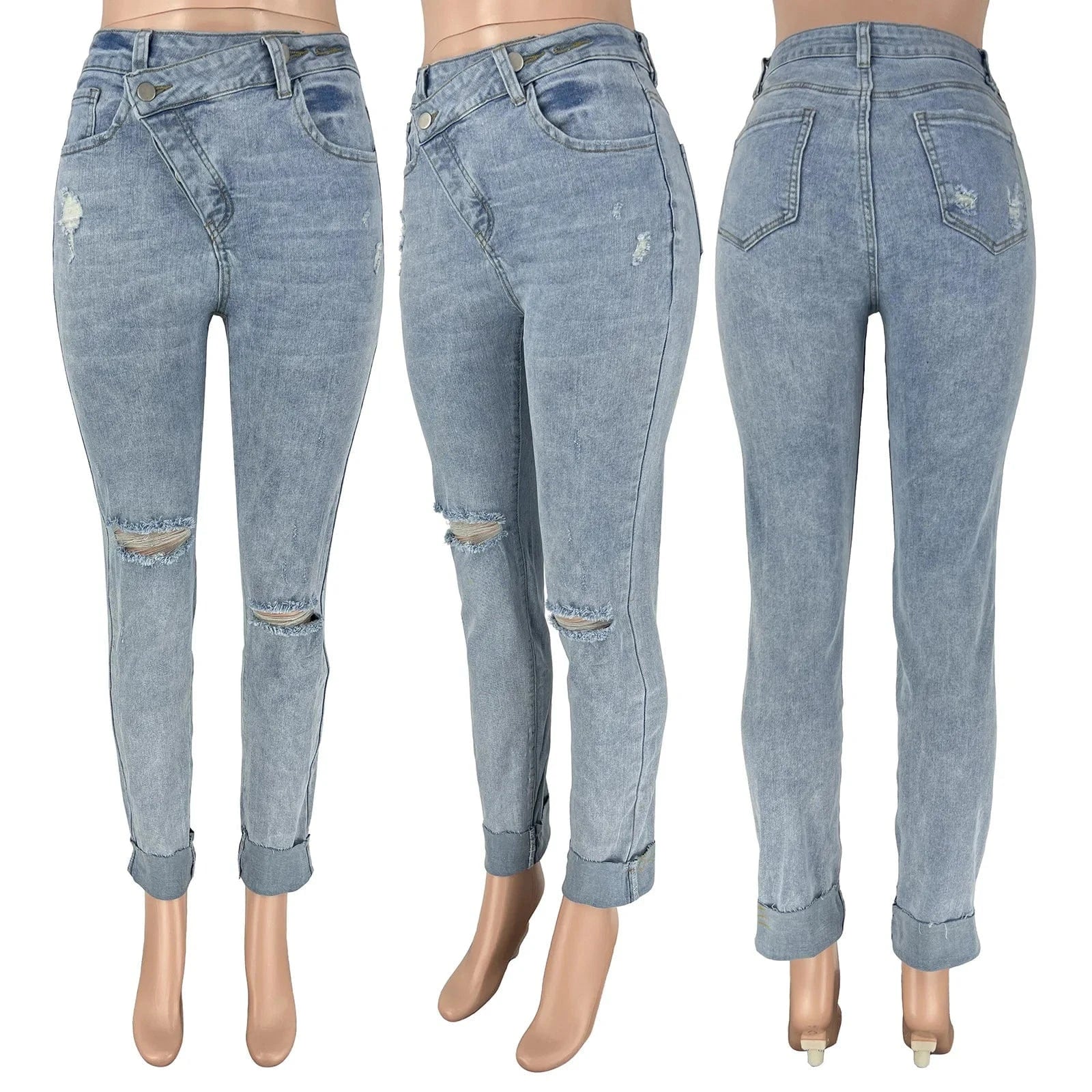 Casual Personalized Ripped Slanted Button Stretch Jeans sehe fashion