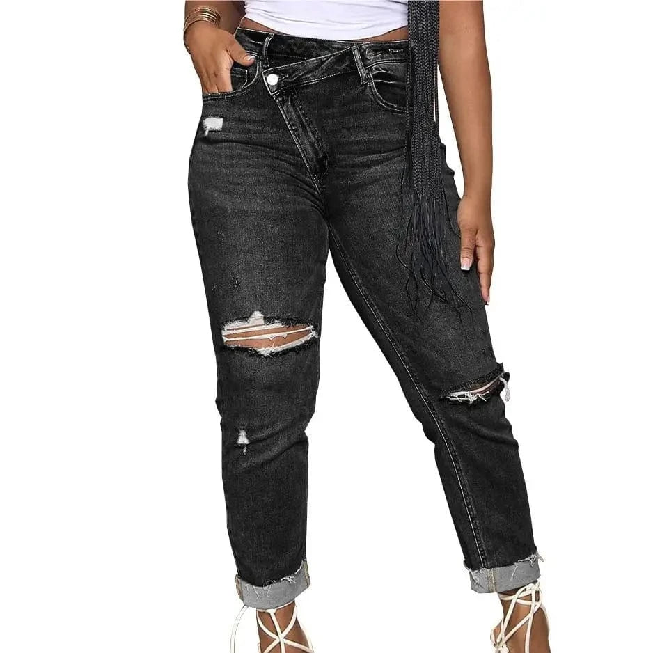 Casual Personalized Ripped Slanted Button Stretch Jeans sehe fashion