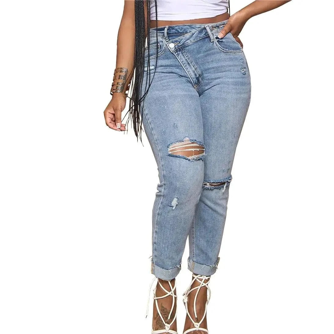 Casual Personalized Ripped Slanted Button Stretch Jeans sehe fashion