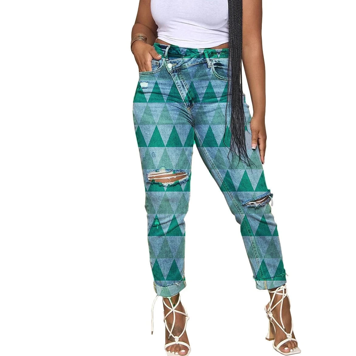 Casual Personalized Ripped Slanted Button Stretch Jeans sehe fashion