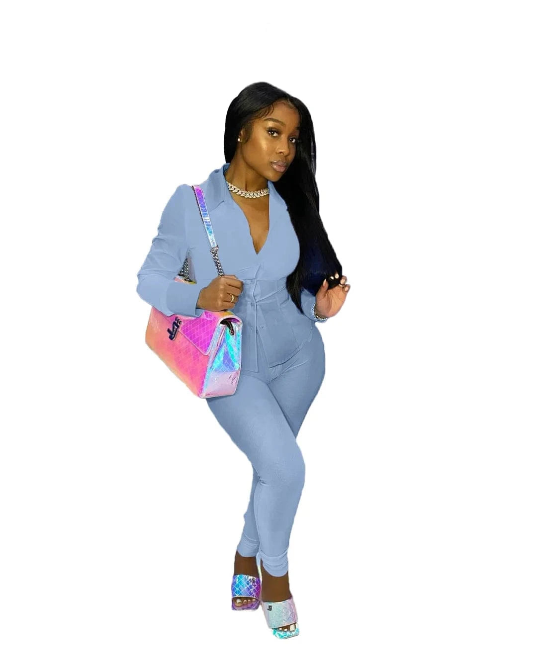 Casual Solid Turndown Blouses & Shirts Top Ladies Outfits Two Piece Pant Set Women Clothes