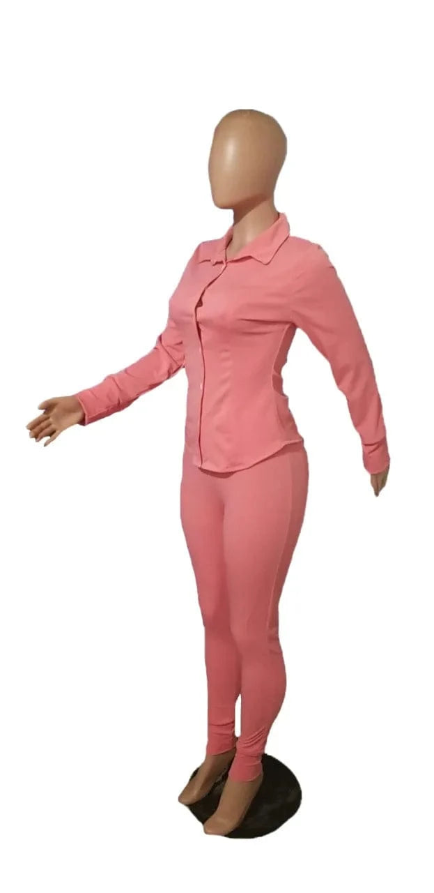 Casual Solid Turndown Blouses & Shirts Top Ladies Outfits Two Piece Pant Set Women Clothes