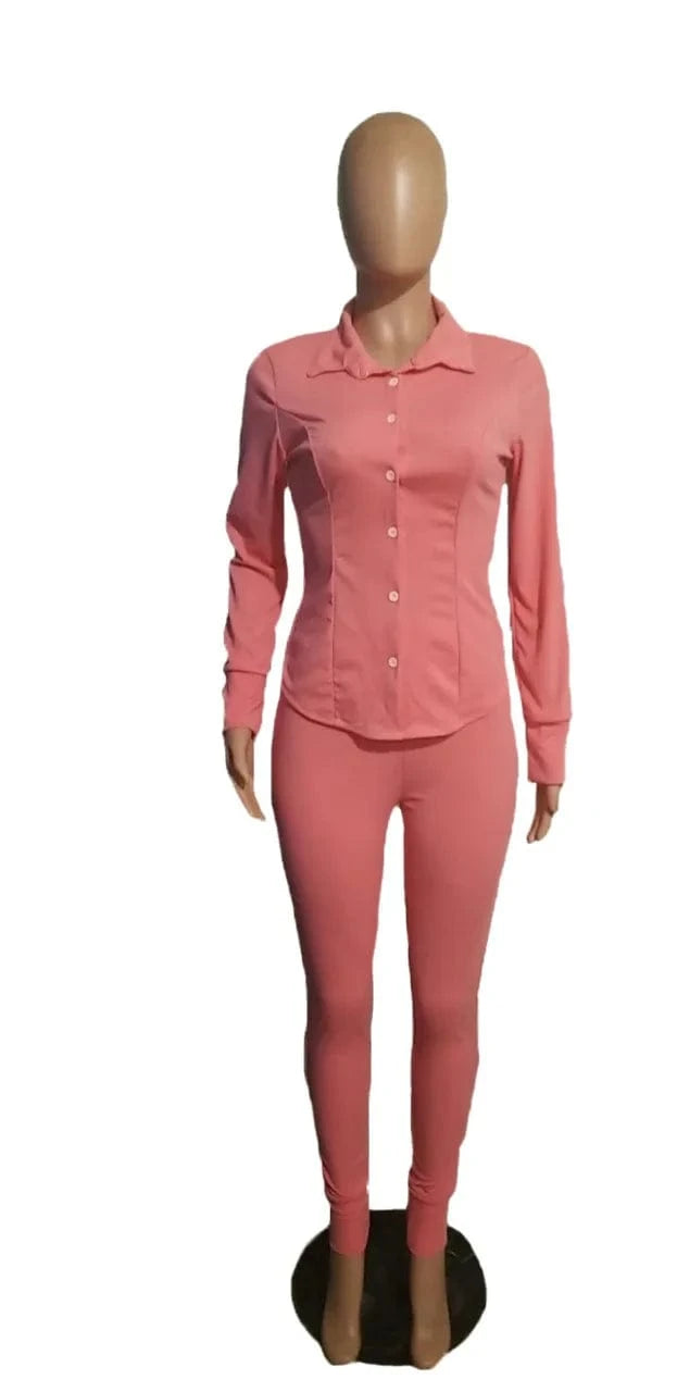 Casual Solid Turndown Blouses & Shirts Top Ladies Outfits Two Piece Pant Set Women Clothes