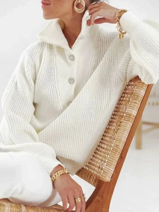 Casual White Pullovers Sweaters Female Fashion Long Sleeves Buttoned High-Neck Sweater Tops Fall Clothes 2025 Women