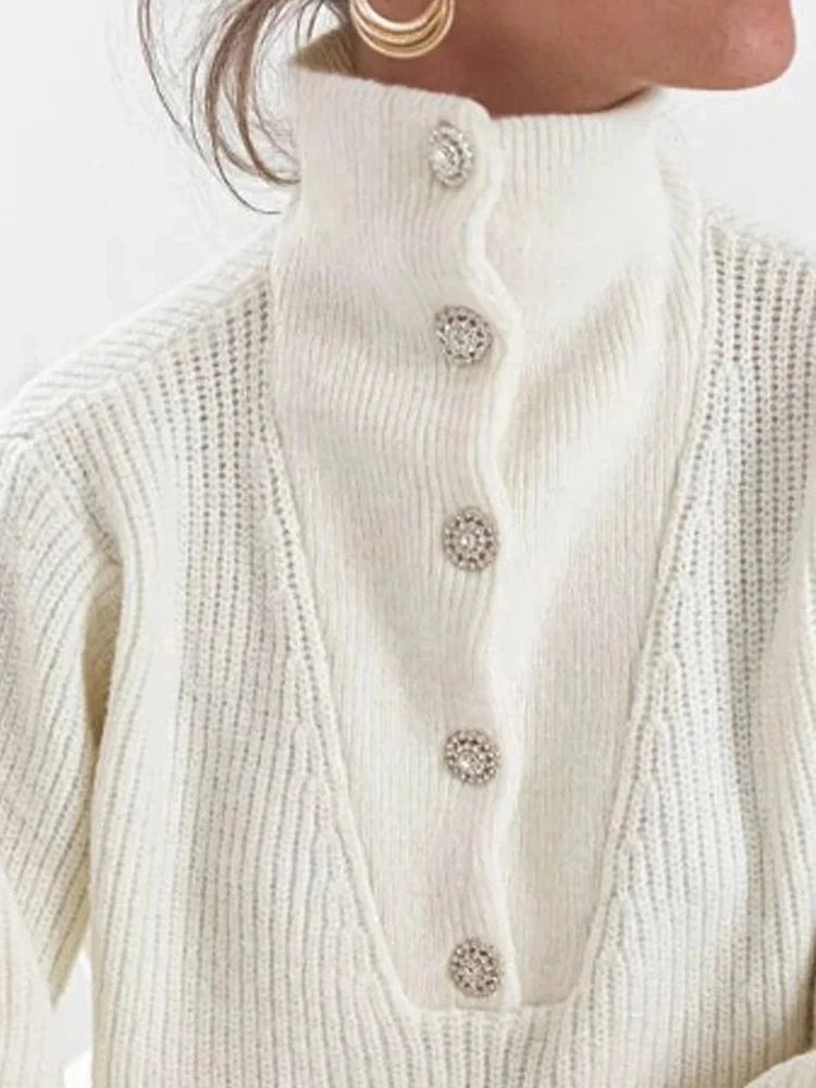 Casual White Pullovers Sweaters Female Fashion Long Sleeves Buttoned High-Neck Sweater Tops Fall Clothes 2025 Women