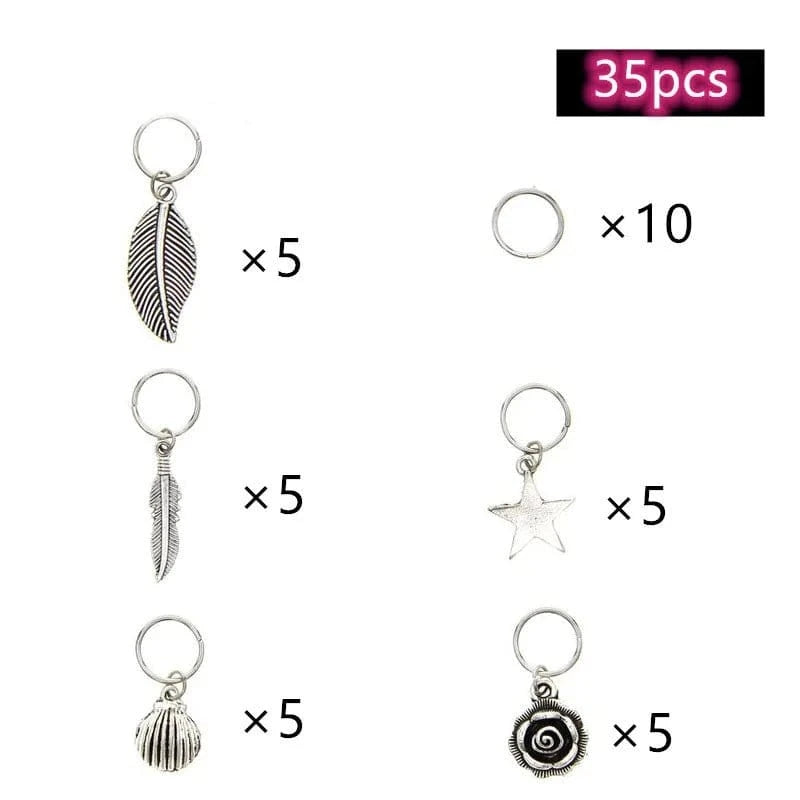 CC-TJ37 35pcs Vintage Silver Braid Headdress Dreadlock Round Ring Hair Braid Jewelry Leaves Star Pendants Beads for Dreadlocks
