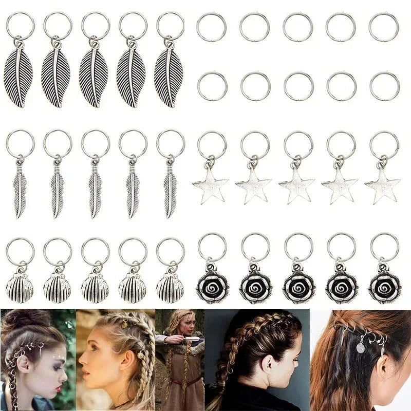 CC-TJ37 35pcs Vintage Silver Braid Headdress Dreadlock Round Ring Hair Braid Jewelry Leaves Star Pendants Beads for Dreadlocks