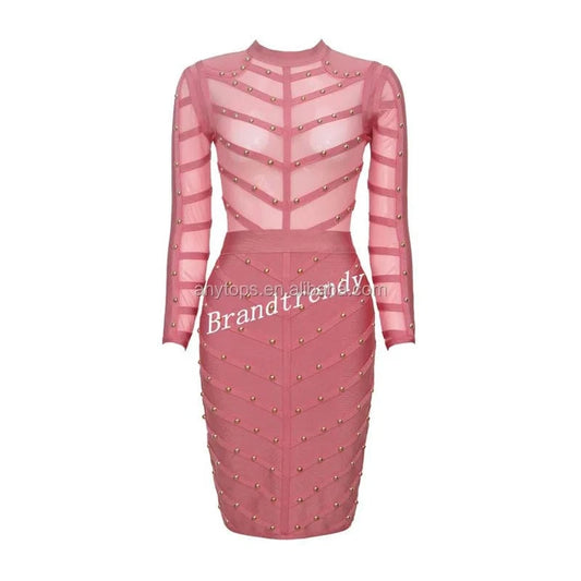 Celebrity  bandage dresses 2019 Runway Long Sleeves Beaded Hollow Out Celebrity Girls Party dresses women bandage dress pink