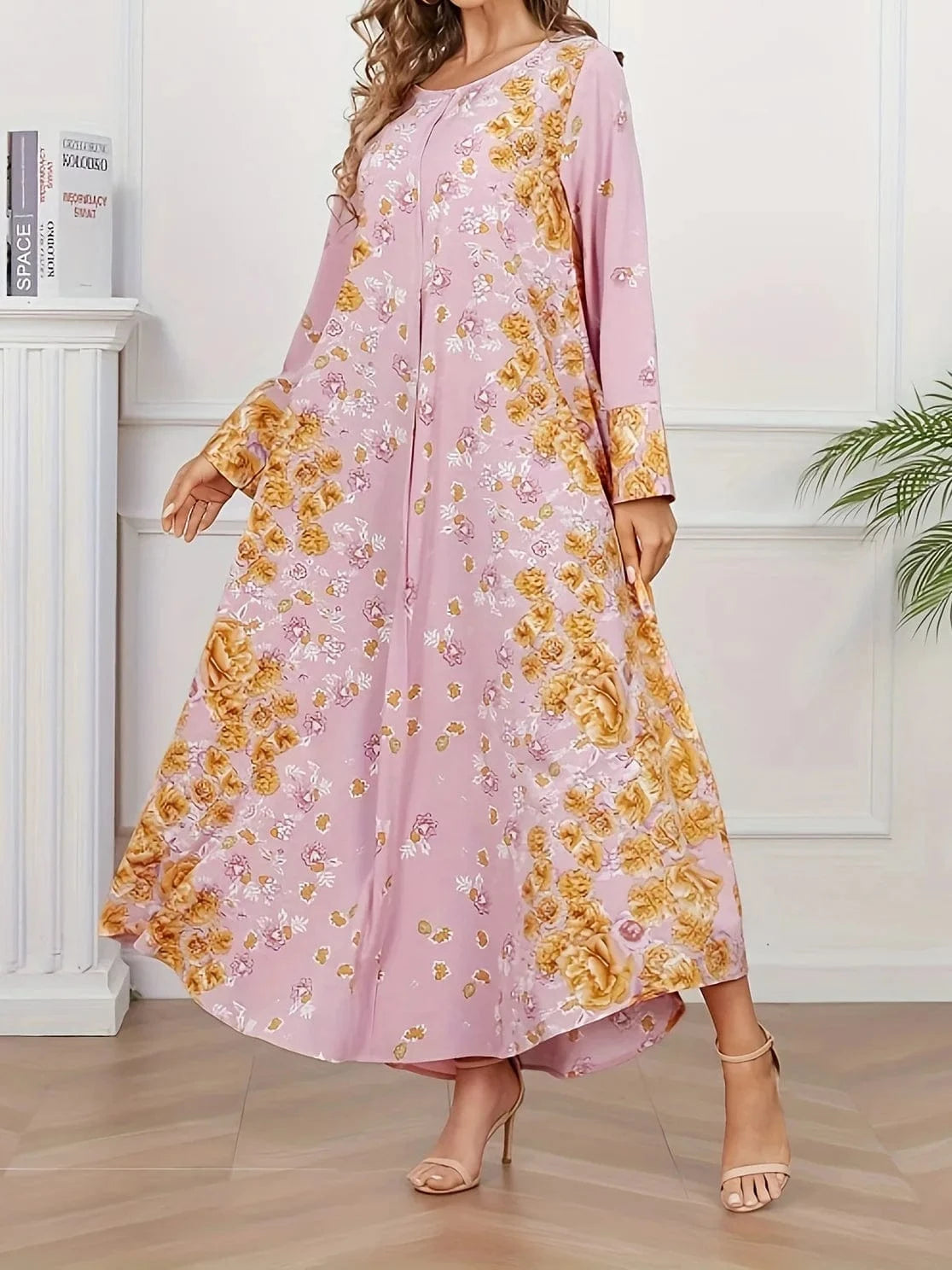 [cg047] Floral Print Crewneck Bohemian Muslim Abaya Long Women's Dress