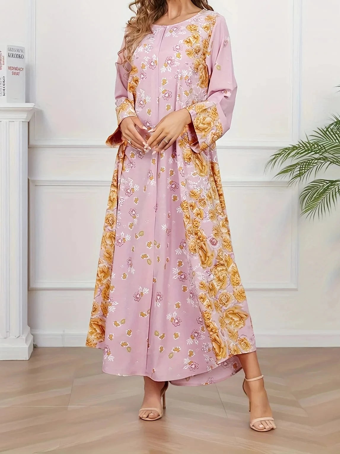 [cg047] Floral Print Crewneck Bohemian Muslim Abaya Long Women's Dress