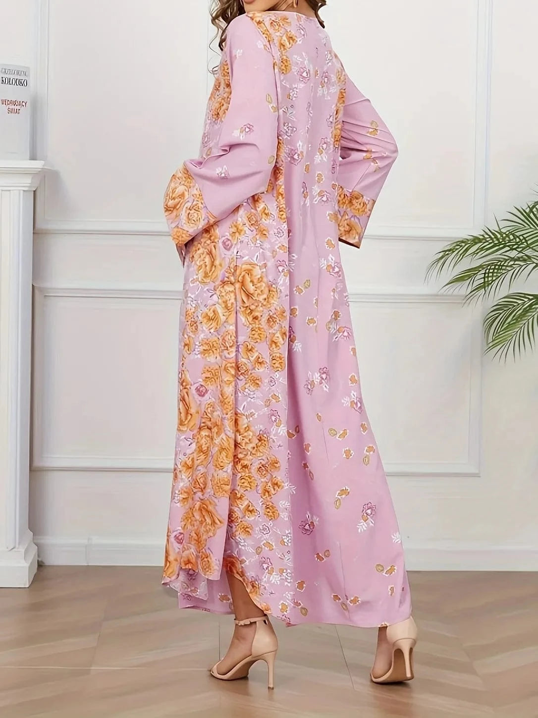 [cg047] Floral Print Crewneck Bohemian Muslim Abaya Long Women's Dress