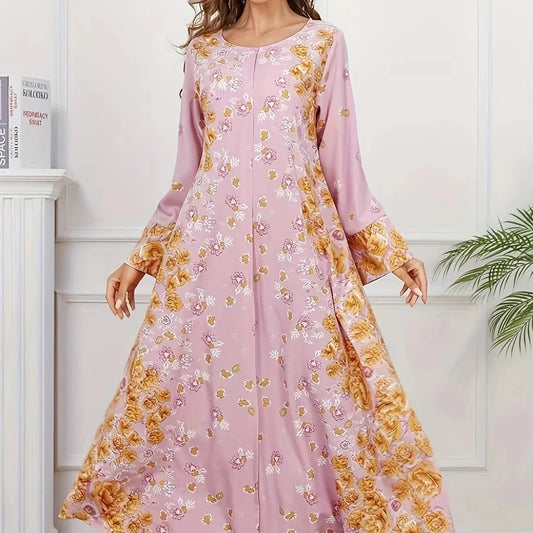 [cg047] Floral Print Crewneck Bohemian Muslim Abaya Long Women's Dress