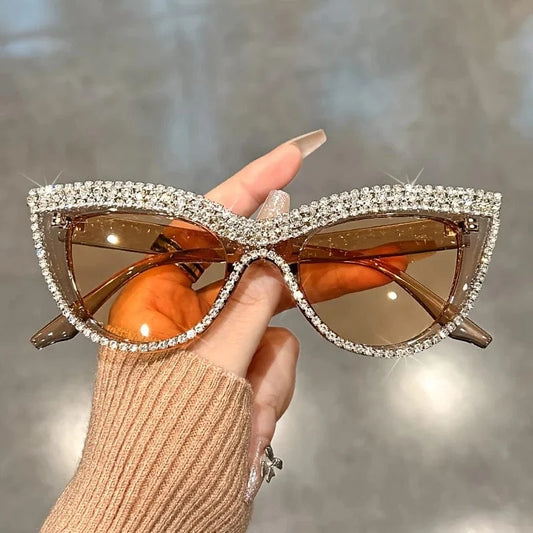 Champagne Luxury Cat Eye fashion fashion glasses for men and women glittering green stone club party favorite decorative glasses