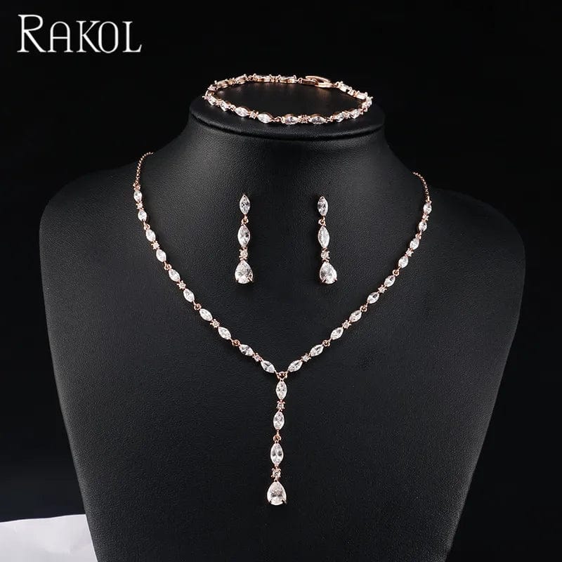 Champagne RAKOL SP412 simple style beautiful leaf&teardrop zircon dangle long earrings necklace bracelet set