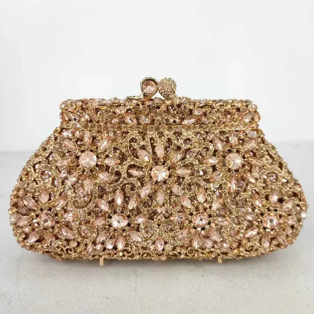 Champange 12 / Mini Size / CHINA Boutique De FGG (in stock) Flower Crown Clutch Silver Crystal Evening Handbag Women Party Prom Bag Bridal Clutches Wedding Purse