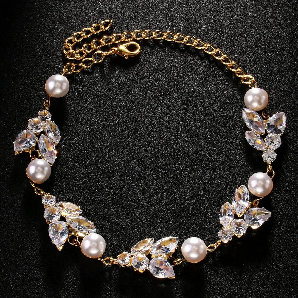 Charm Beautiful White Pearl Leaf Rhinestone Bracelet Jewelry Women Girls Wedding Bridal Crystal Adjustable Bracelet Bangle Chain