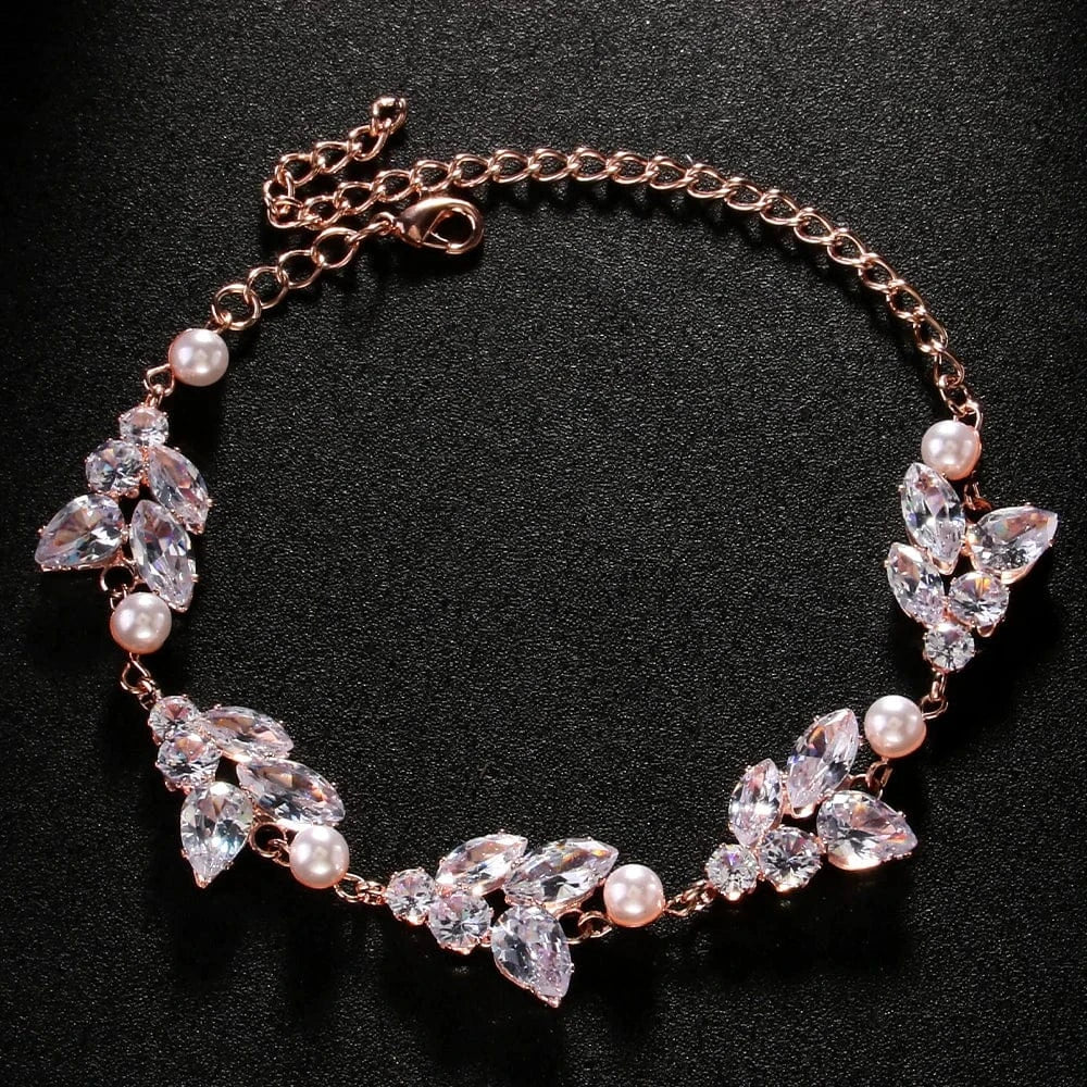 Charm Beautiful White Pearl Leaf Rhinestone Bracelet Jewelry Women Girls Wedding Bridal Crystal Adjustable Bracelet Bangle Chain