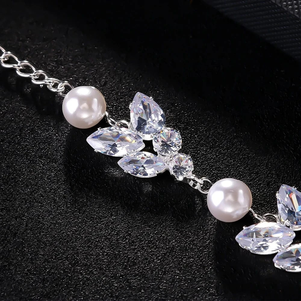 Charm Beautiful White Pearl Leaf Rhinestone Bracelet Jewelry Women Girls Wedding Bridal Crystal Adjustable Bracelet Bangle Chain