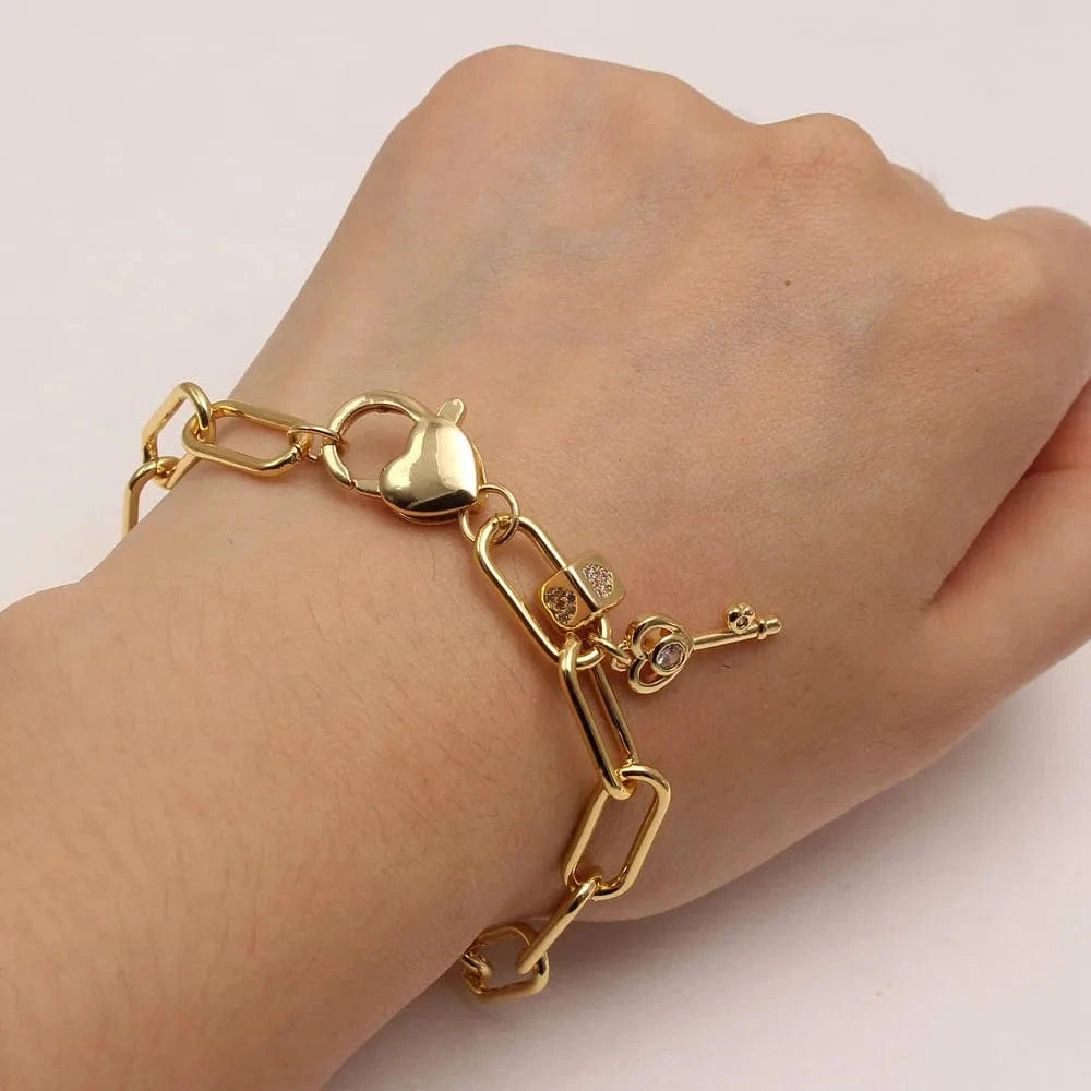 Charm Bracelets Bulk Jewelry Key/Heart/Fe Letter Zircon Pendant Women Chunky Link Chain Bangles 18K Gold Plated Men's Bracelet