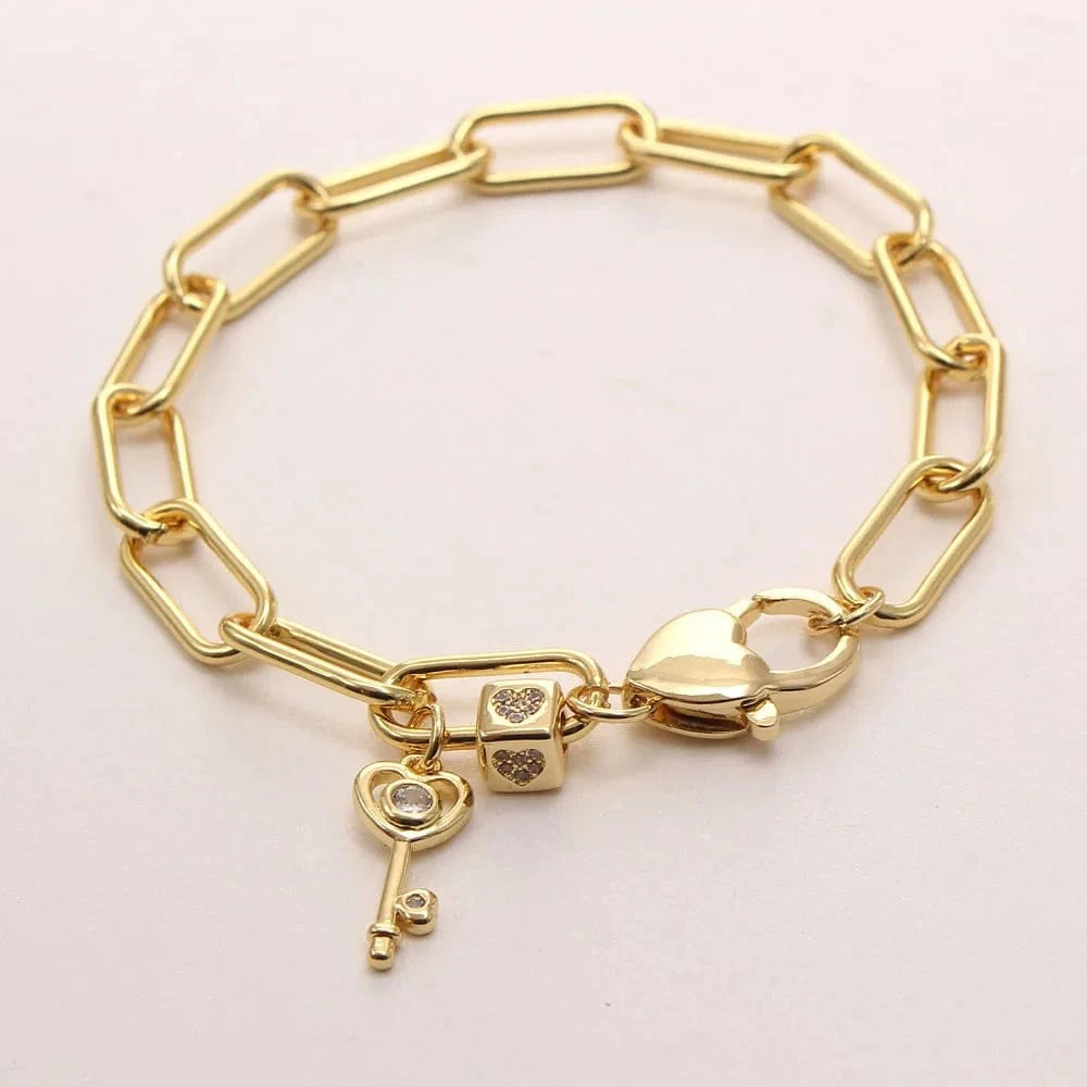 Charm Bracelets Bulk Jewelry Key/Heart/Fe Letter Zircon Pendant Women Chunky Link Chain Bangles 18K Gold Plated Men's Bracelet