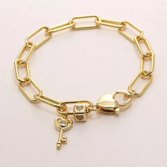 Charm Bracelets Bulk Jewelry Key/Heart/Fe Letter Zircon Pendant Women Chunky Link Chain Bangles 18K Gold Plated Men's Bracelet