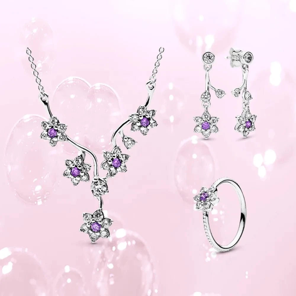 Charm Jewelry Set Flower Necklace Shining Chains Flower Ring Shining Earring Silver Jewelry