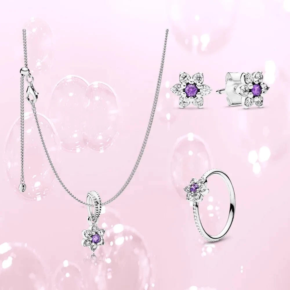 Charm Jewelry Set Flower Necklace Shining Chains Flower Ring Shining Earring Silver Jewelry
