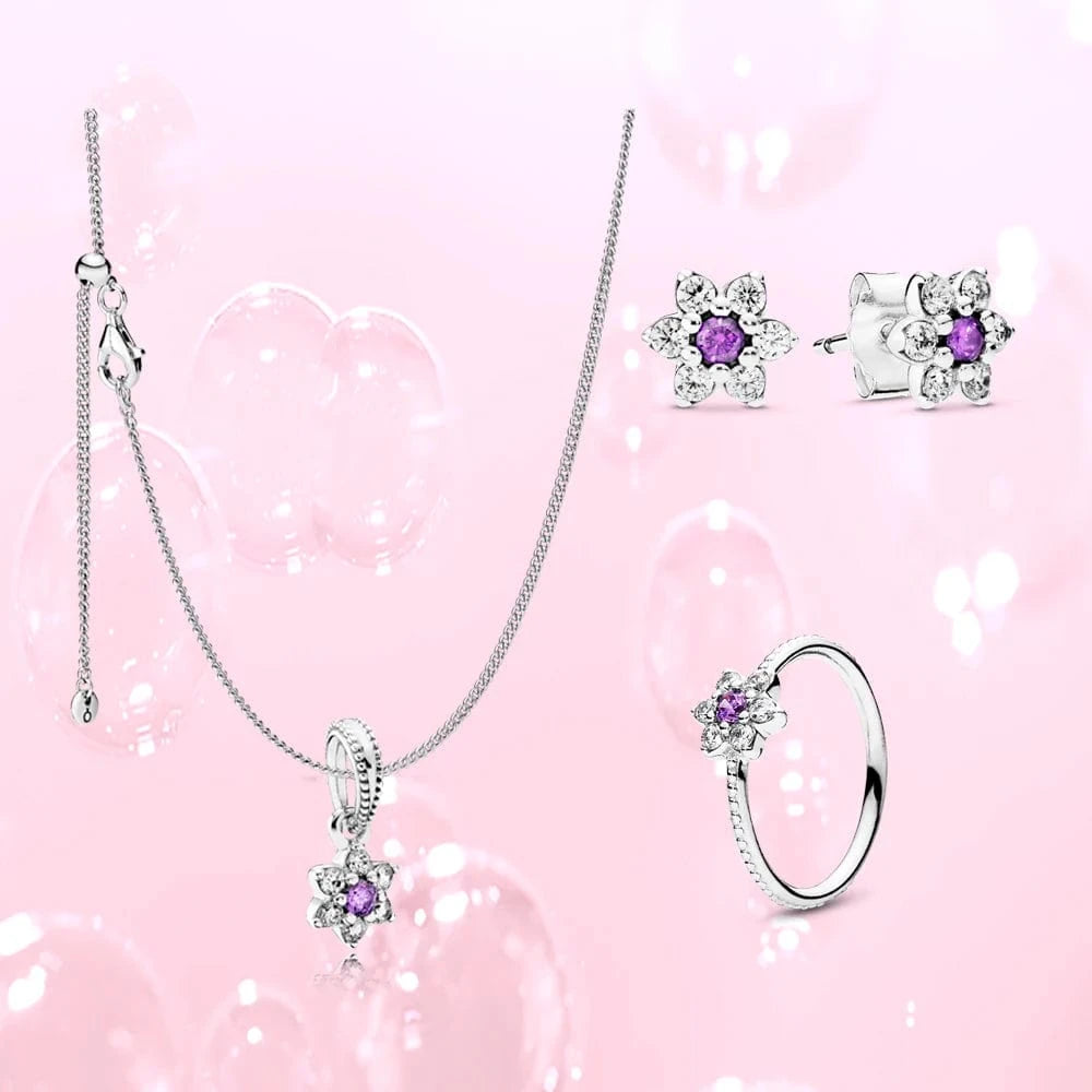 Charm Jewelry Set Flower Necklace Shining Chains Flower Ring Shining Earring Silver Jewelry