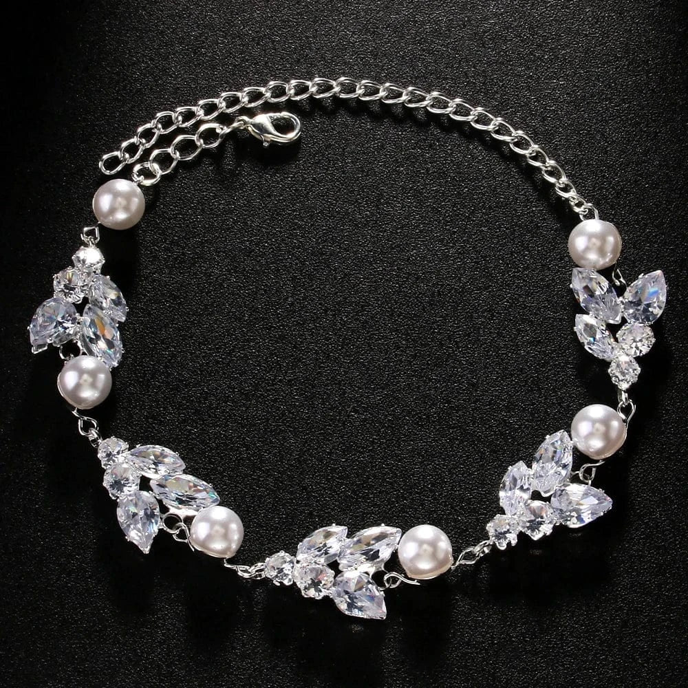 Charm / silver Charm Beautiful White Pearl Leaf Rhinestone Bracelet Jewelry Women Girls Wedding Bridal Crystal Adjustable Bracelet Bangle Chain